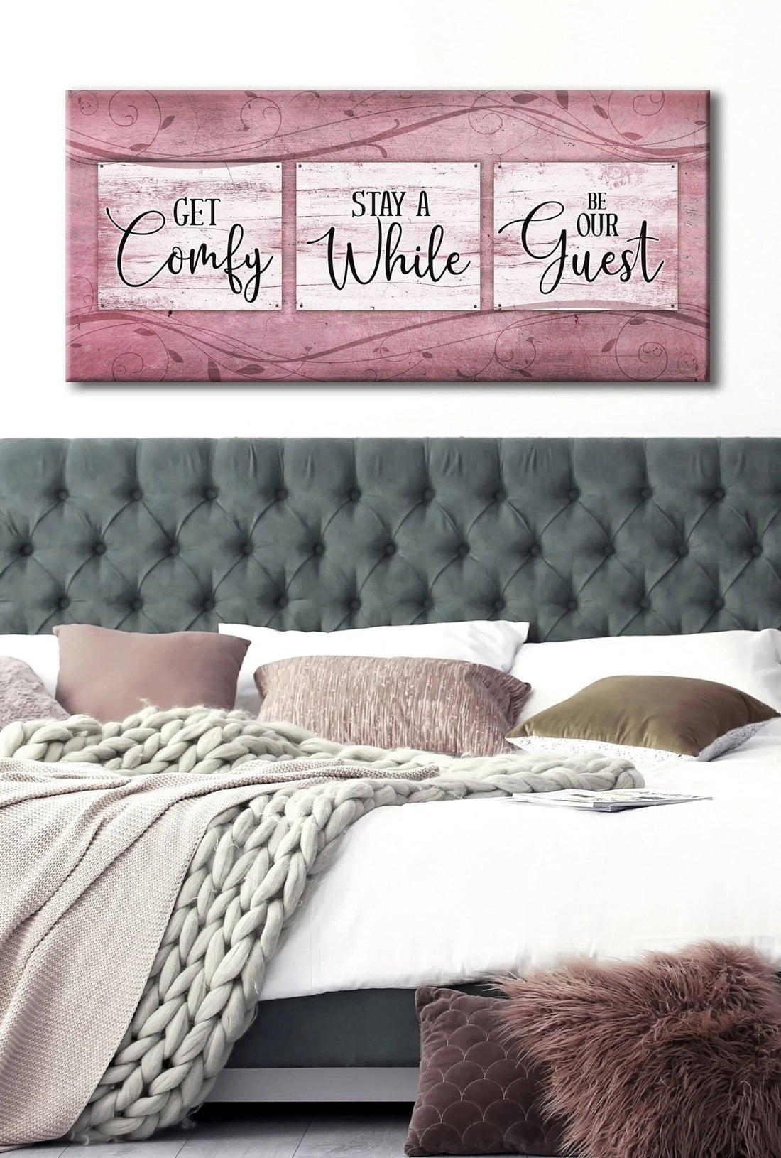 Bedroom Wall Art: Get Comfy Stay A While (Wood Frame Ready To Hang) - Sense for Decor
