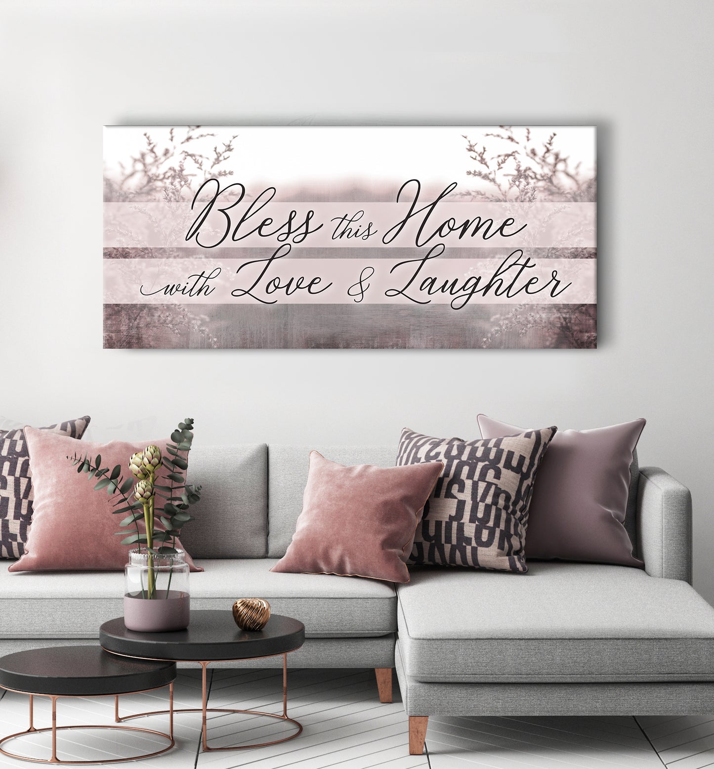 Home Wall Art: Bless This Home With Love And Laughter V4 (Wood Frame Ready To Hang)