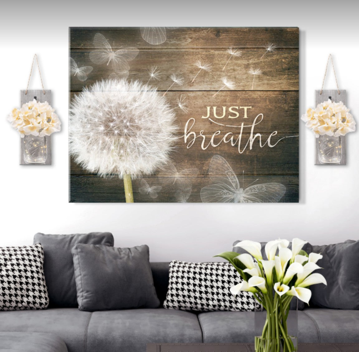 Just Breathe Wall Art – Inspirational Quote Canvas for Bedroom and Living Room Decor
