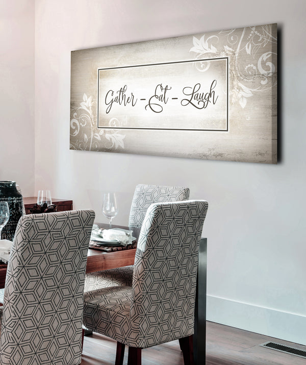 Kitchen Wall Art Gather Eat Laugh (Wood Frame Ready To Hang) Sense