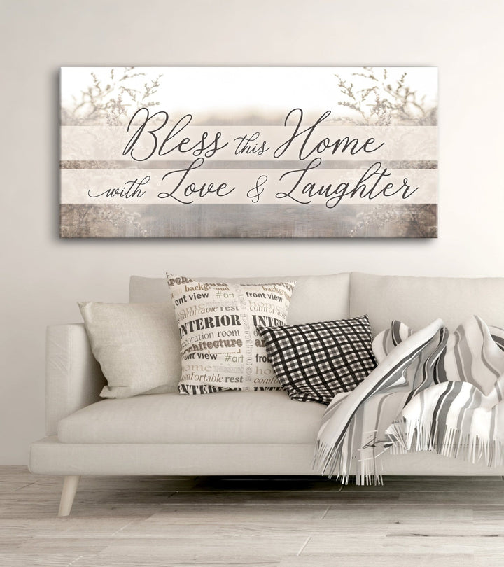 Home Wall Art: Bless This Home With Love And Laughter V4 (Wood Frame Ready To Hang) - Sense for Decor