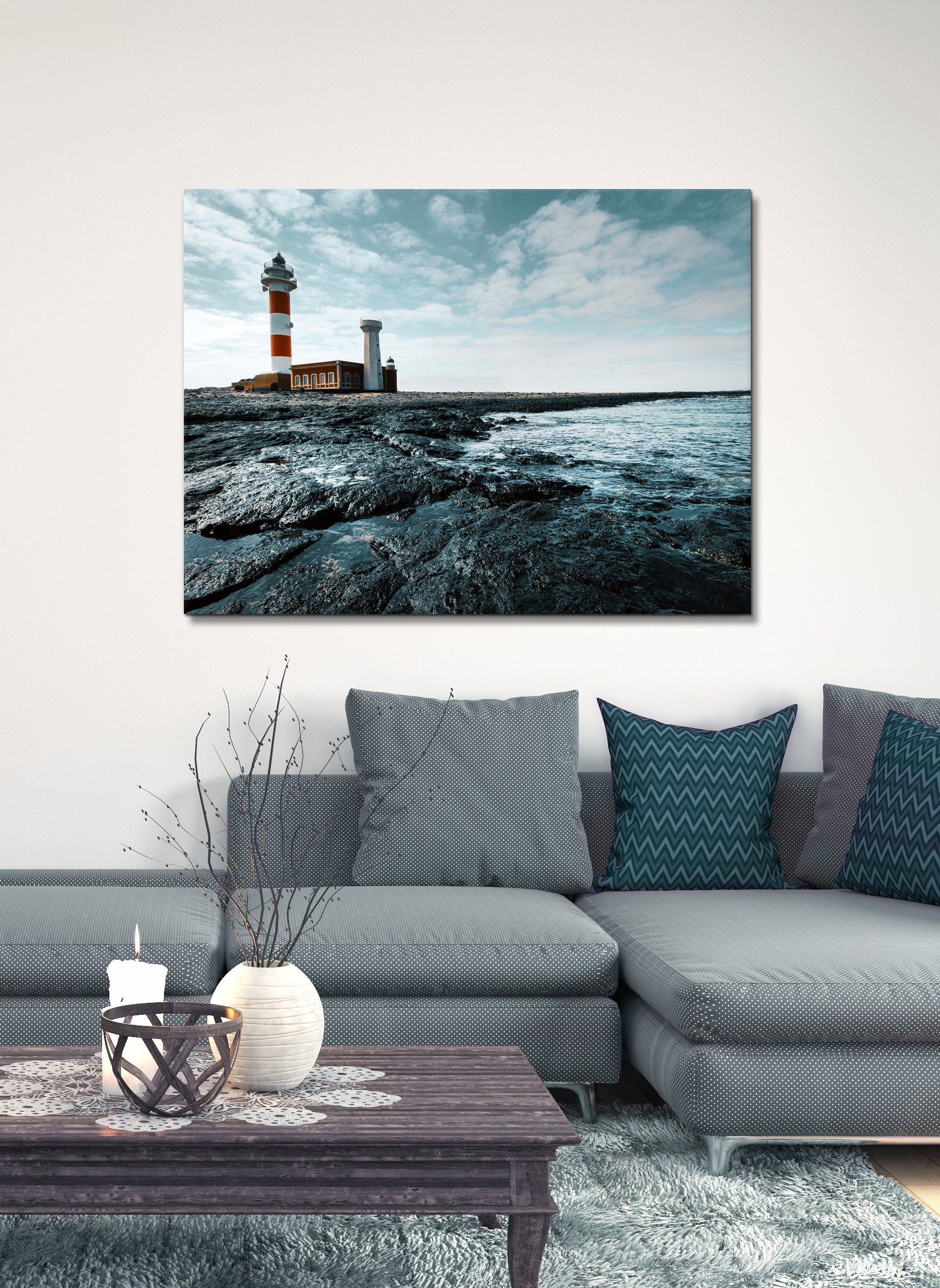 Nautical Wall Art: Cloudy Lighthouse (Wood Frame Ready To Hang)